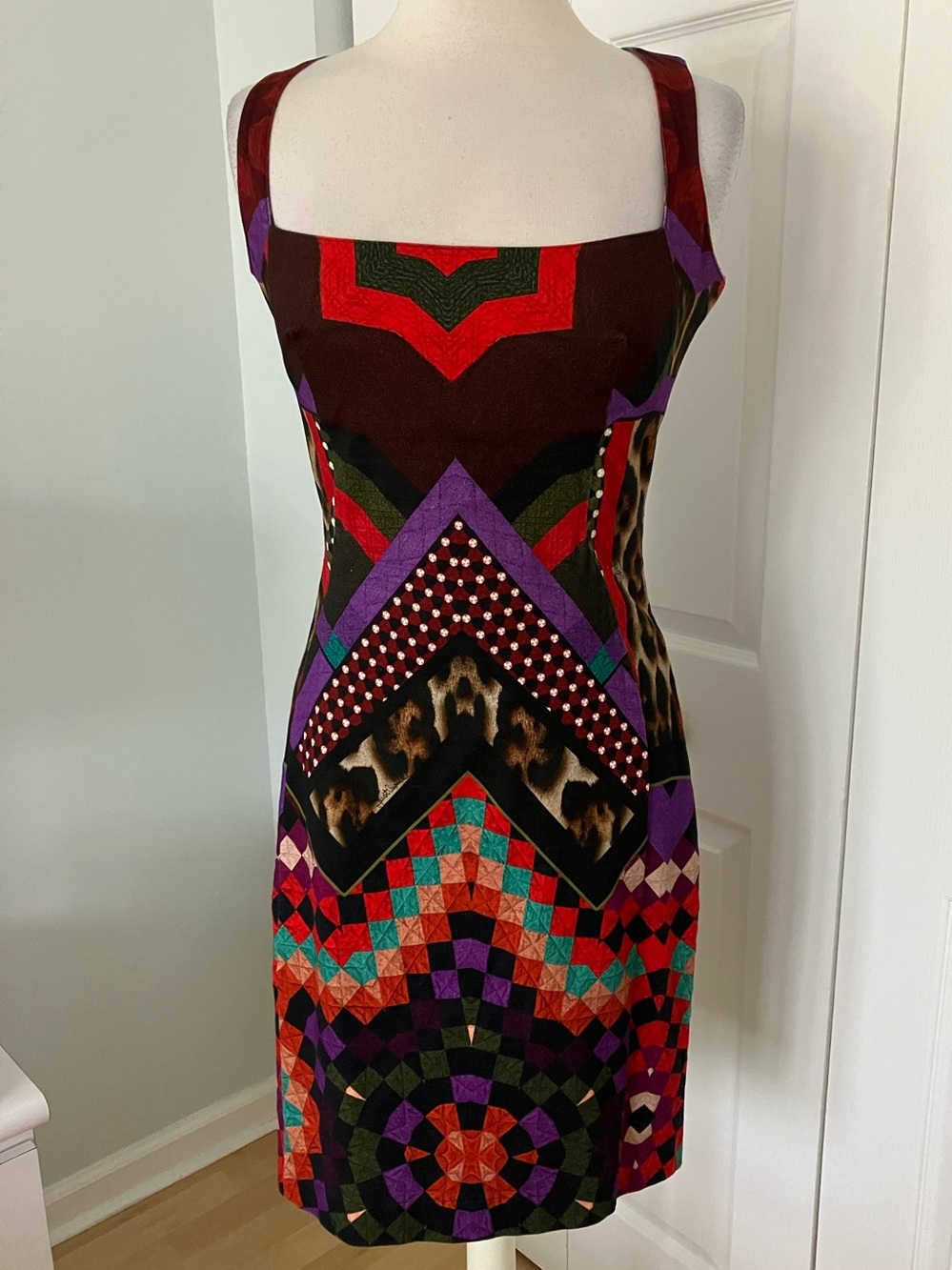 JUST CAVALLI Colorful Tribal Abstract Print A-Line Dress Italy 46
Us 6/8